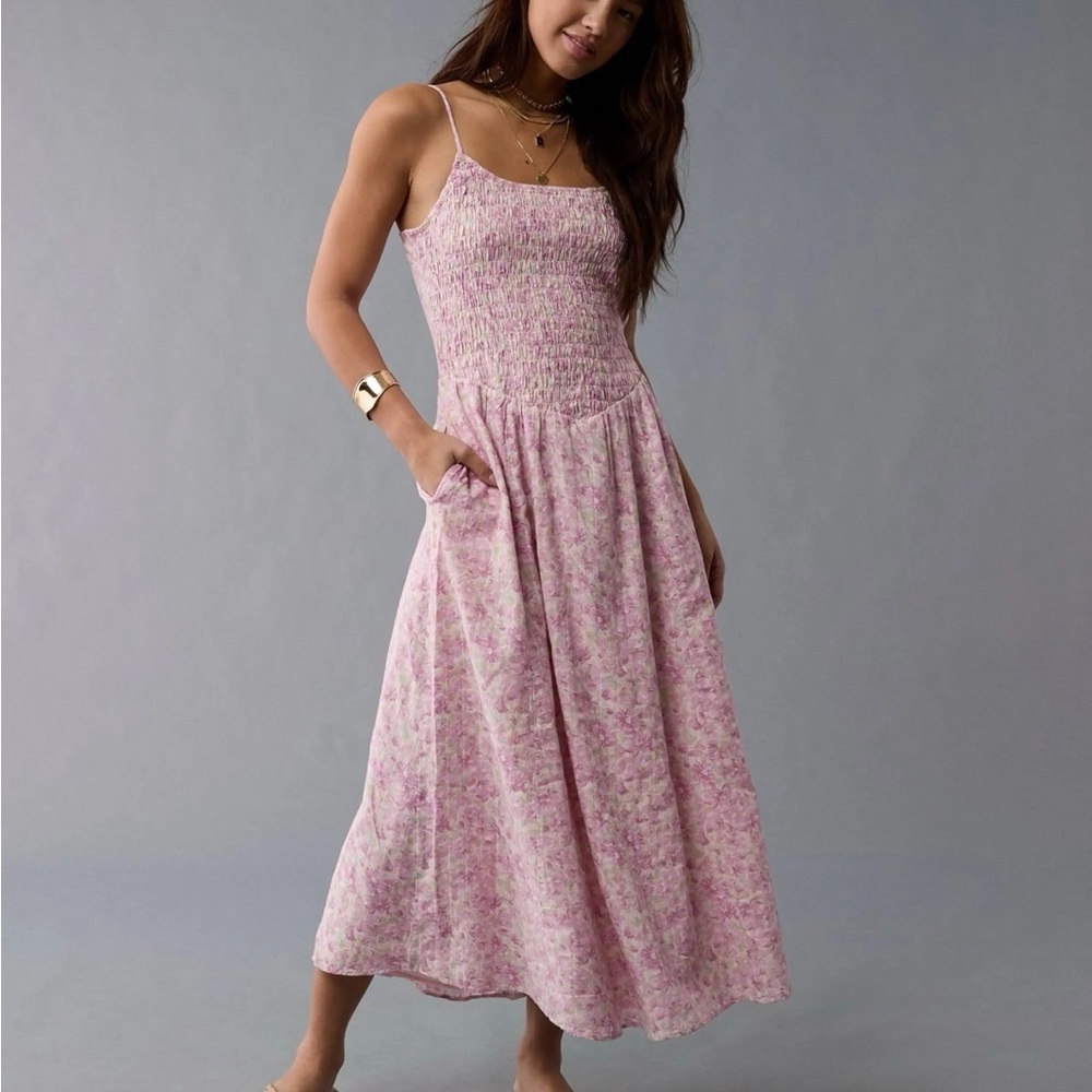 American Eagle Outfitters Lavender Pink Floral Smocked Midi Dress